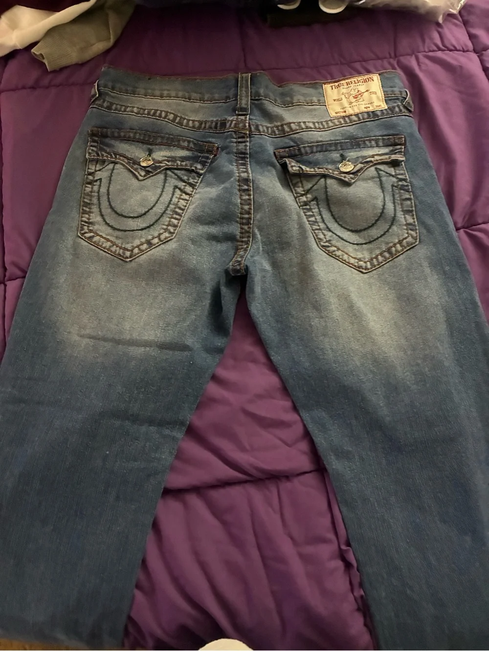 True Religion Men’s Light Blue Denim Jeans with Signature Back Pockets